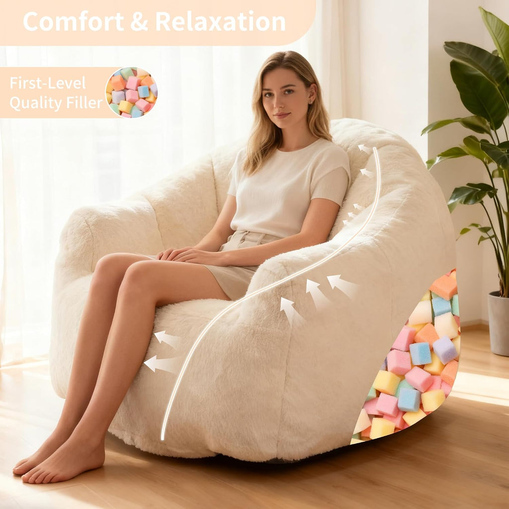 Bean Bag Chair, Giant Beanbag Chiars for Adults and Teens, Faux Fur Shell-Shaped Floor Sofa with Filler, Comfy Chair for Reading, Gaming and Relax (Beige)