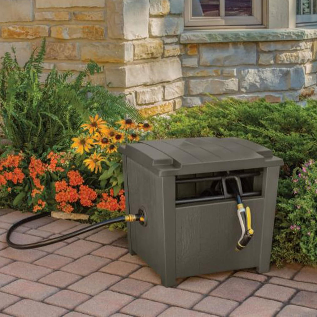Suncast Farmington Weatherproof Smart-Tube Garden Hose Storage Container, Outdoor Hideaway Garden Hose Storage with Brass Connections, Stoney, 2 pack