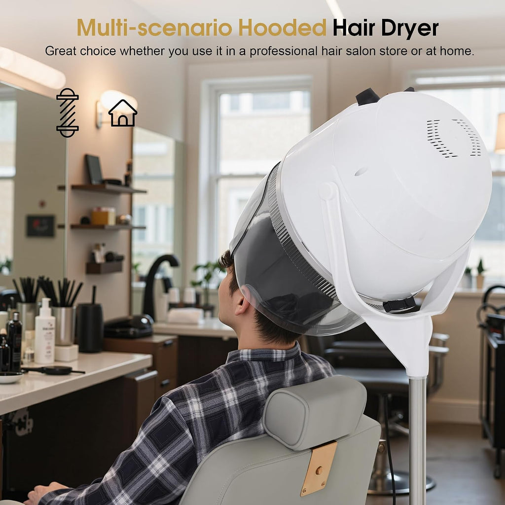 BarberPub 1000W Hooded Hair Bonnet Dryer with Stand, Height Adjustable Floor Standing Rolling Base, Beauty Salon Equipment with 360° Rotation VHD08 (White)