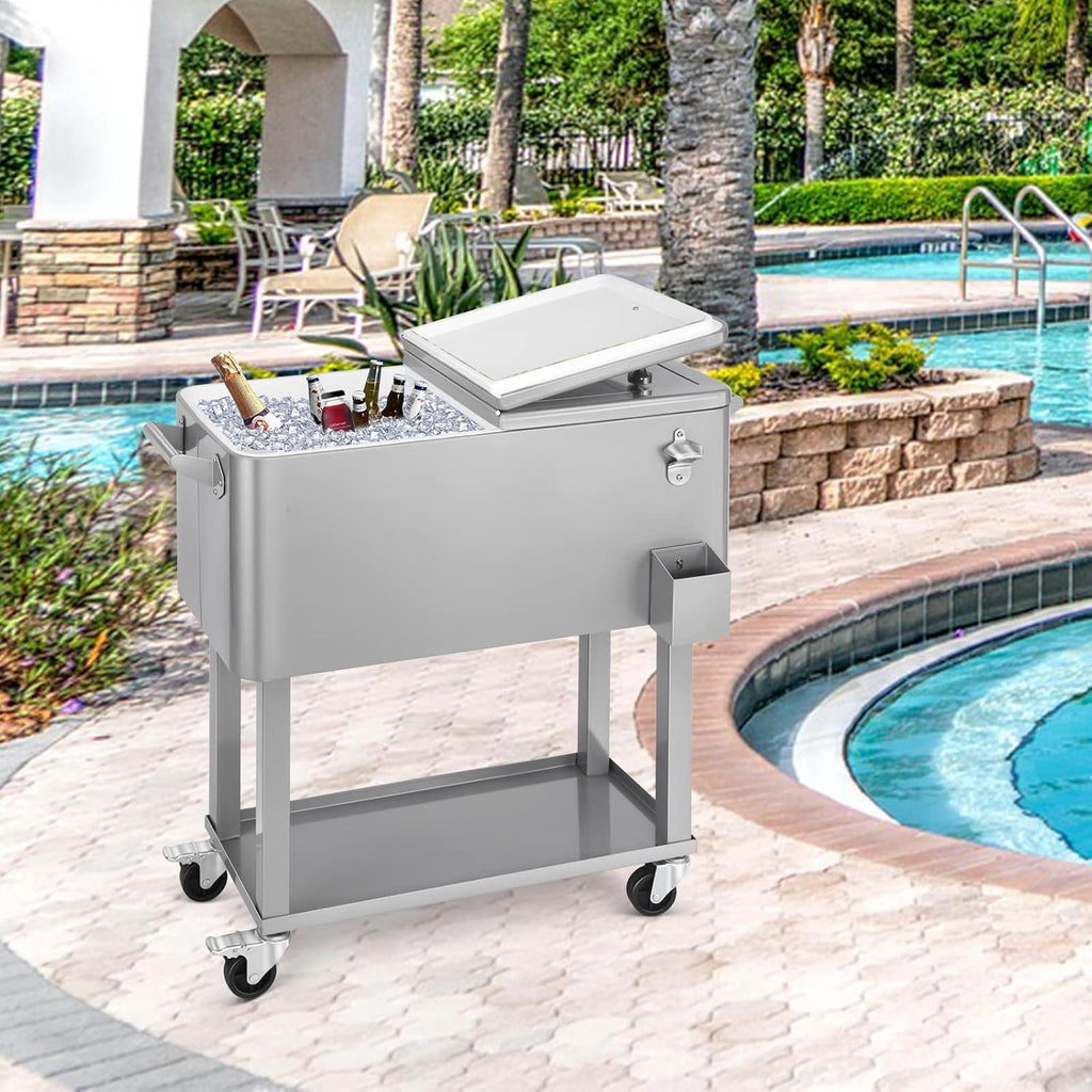 80 Quart Rolling Ice Chest Cooler Cart,Patio Backyard Party Drink Beverage Bar Stand Up Cooler Trolley with Ice Scoop