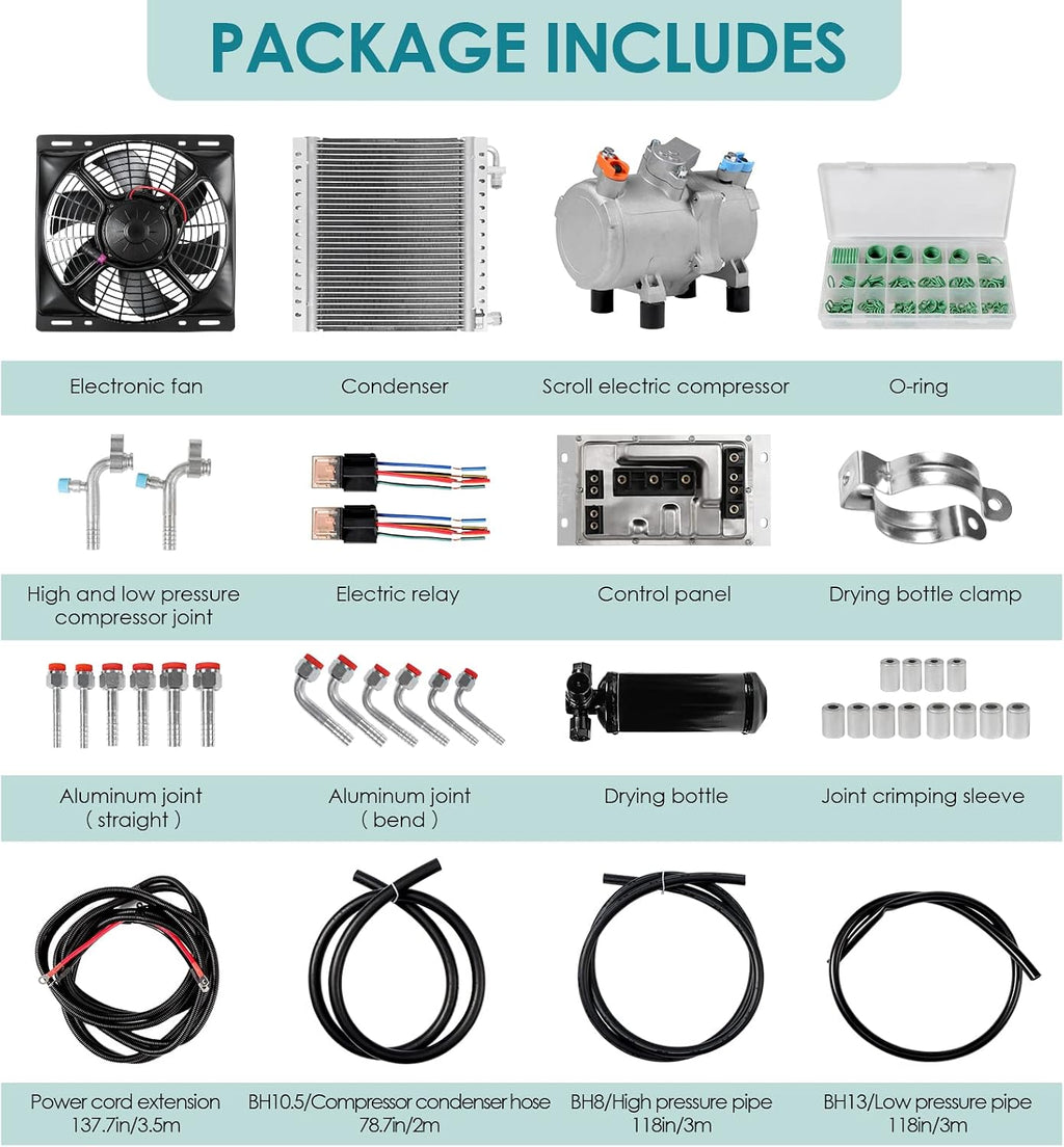 12V car electric air conditioning unit DC air conditioning kit, applicable to electric A/C systems of cars, pickup trucks, RV, trucks, agricultural vehicles, excavators, etc (Voltage 12V)