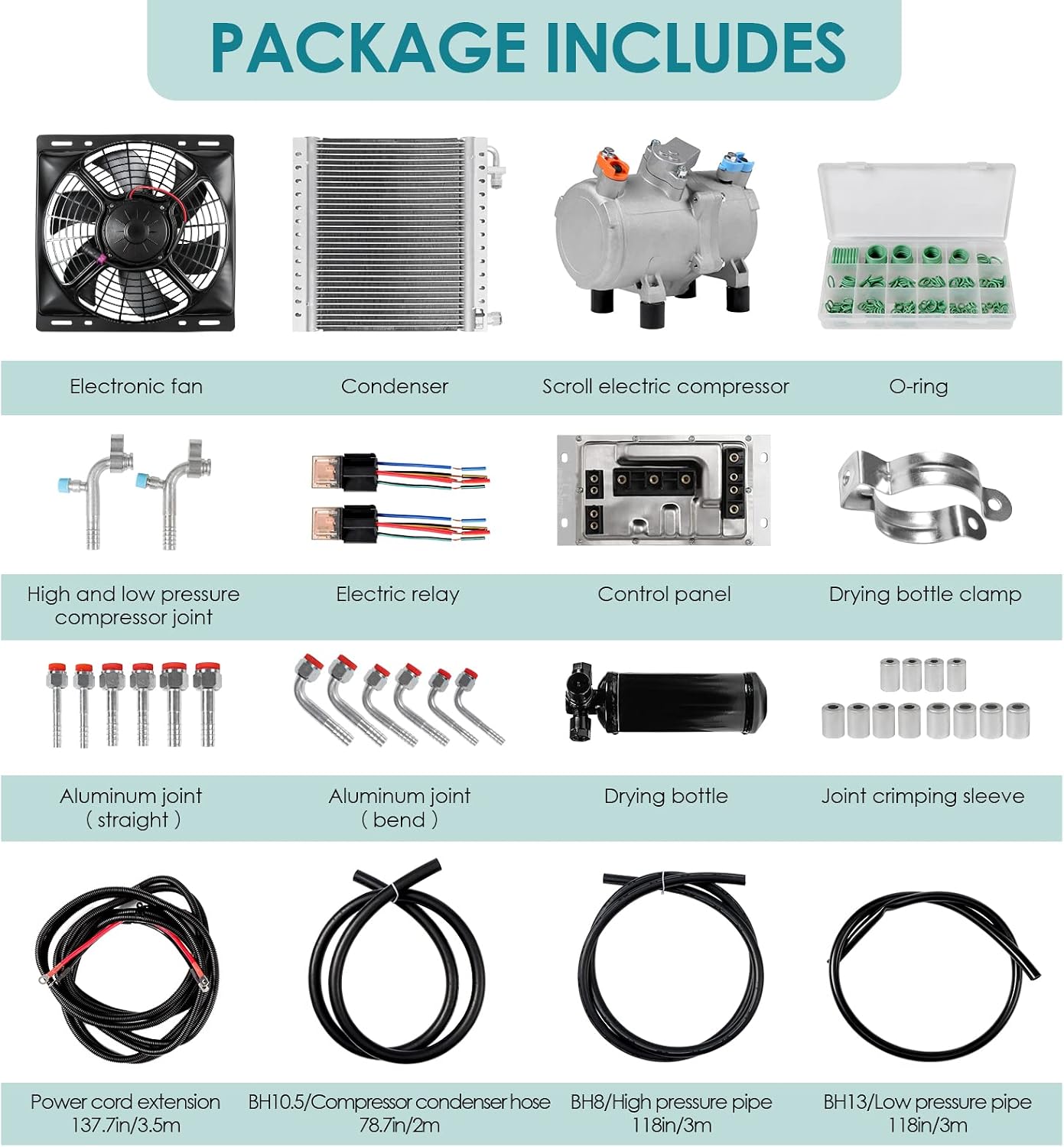 12V car electric air conditioning unit DC air conditioning kit, applicable to electric A/C systems of cars, pickup trucks, RV, trucks, agricultural vehicles, excavators, etc (Voltage 12V)