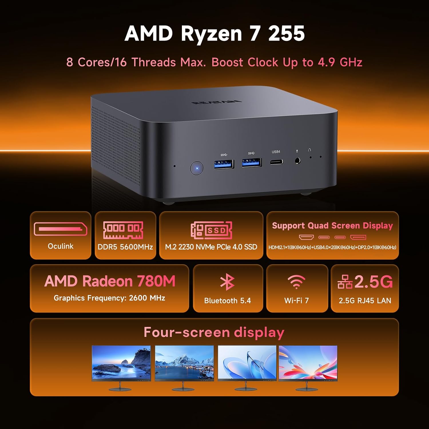 Reatan Mini PC Gaming OCuLink Radeon 780M 2600 MHz AMD Ryzen 7 255(Upgraded 8745HS) 48GB DDR5 1TB SSD RAM, Mini Computers, Built-in Dual Speakers, 2.5Gbps LAN,HDMI 2.1, 8K USB 4.0 Wi-Fi 7/BT5.4