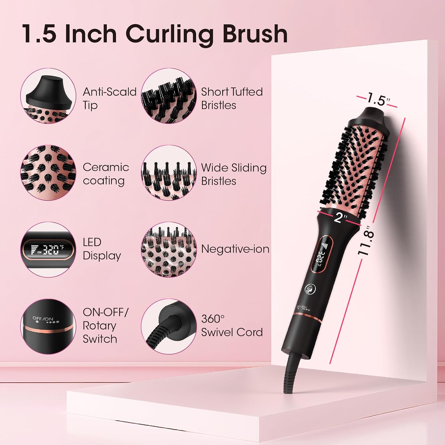 CINOSTAR Heated Round Brush for Blowout Look Volumizer, 1.5 inch Styler Tool, 6 Temps Ionic Thermal Brush, Fast Heating, Dual Voltage for Travel, Blush Gold