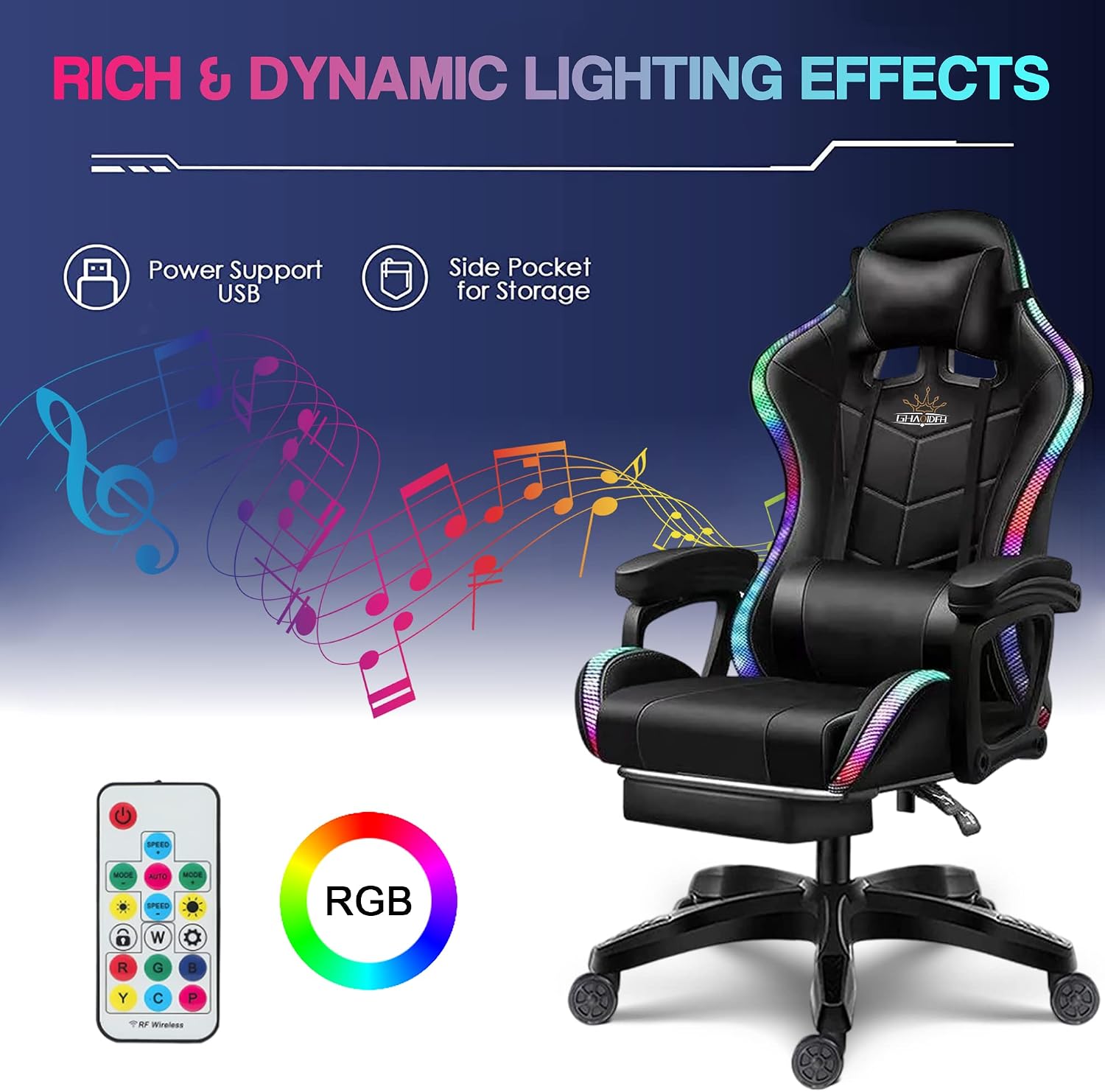 Full Massage Gaming Chair with Speakers and LED Lights Ergonomic Office Chair with Footrest Lumbar Support Adjustable Height Racing Game Chair PU Leather Computer Chair for Adults Teens,Black