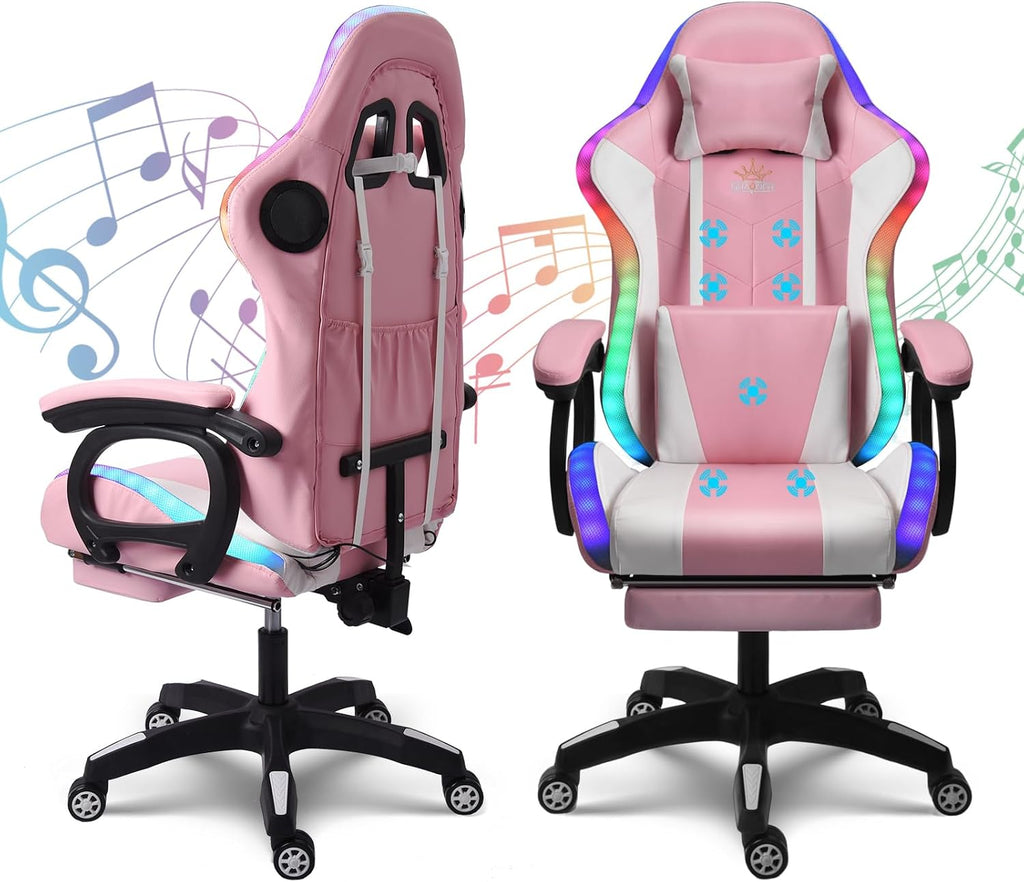 Computer Gaming Chair with Speakers and Massage RGB Video Game Chair Ergonomic Gamer Chair Racing Chair PU Leather High Back Recliner Chair with Lumbar Support Headrest Armrest,Pink