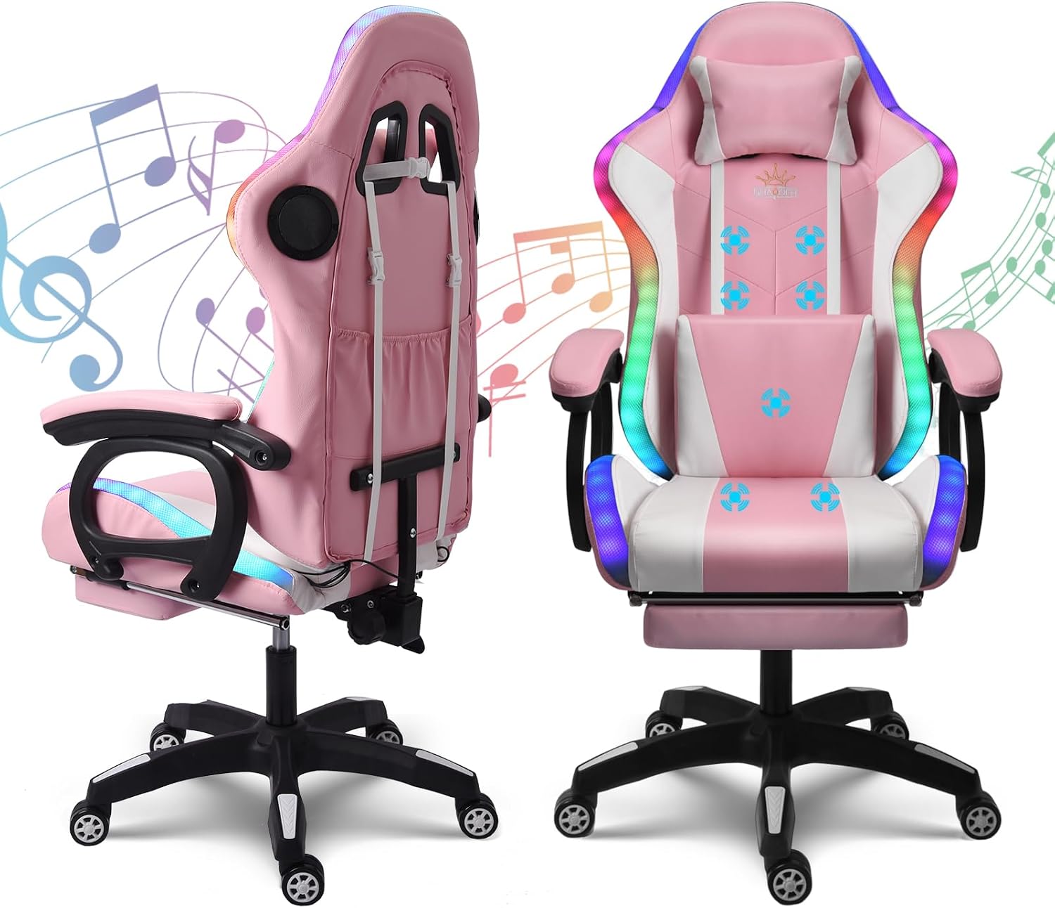 Computer Gaming Chair with Speakers and Massage RGB Video Game Chair Ergonomic Gamer Chair Racing Chair PU Leather High Back Recliner Chair with Lumbar Support Headrest Armrest,Pink