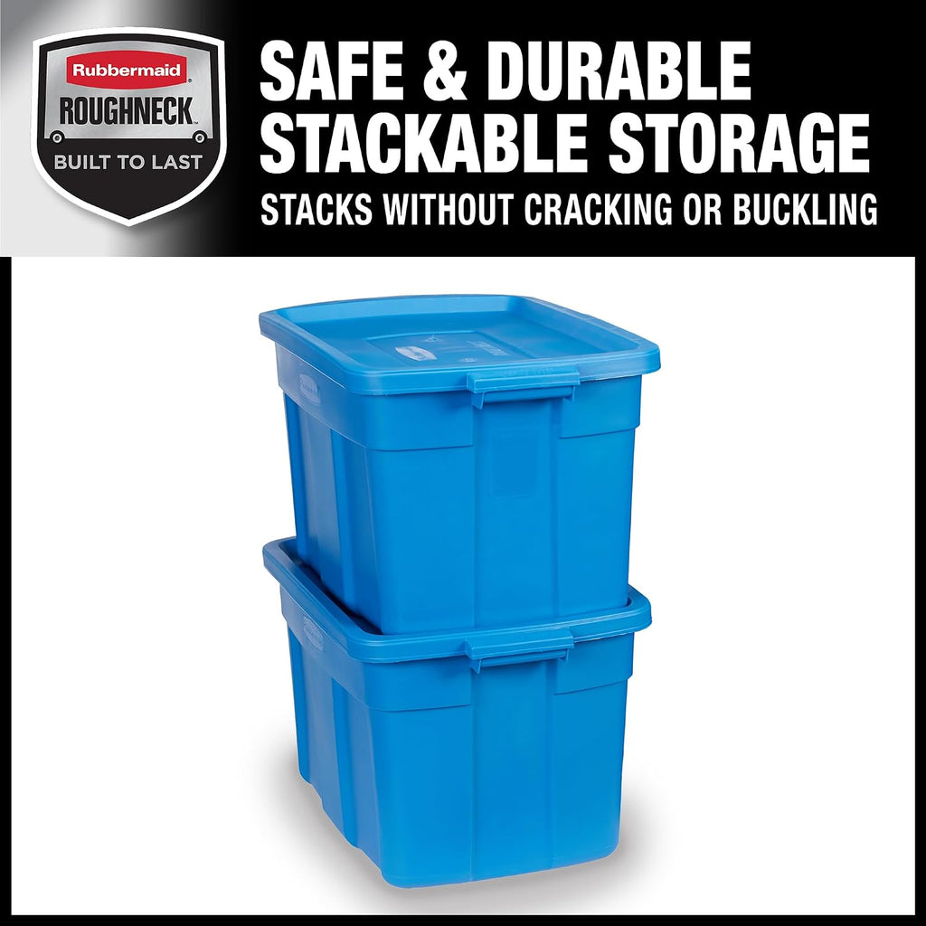 Rubbermaid Roughneck Tote 25 Gal, 4 Pack, Made in USA, Heritage Blue, Rugged Plastic Stackable Storage Bins with Lids and Handles