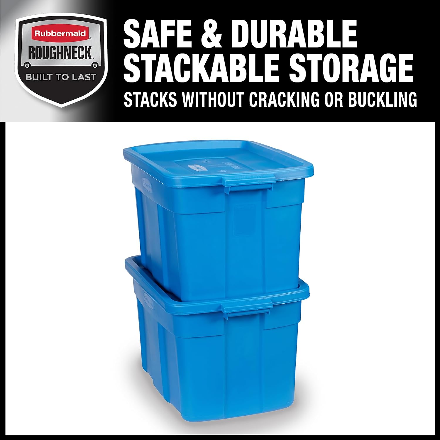 Rubbermaid Roughneck Tote 25 Gal, 4 Pack, Made in USA, Heritage Blue, Rugged Plastic Stackable Storage Bins with Lids and Handles