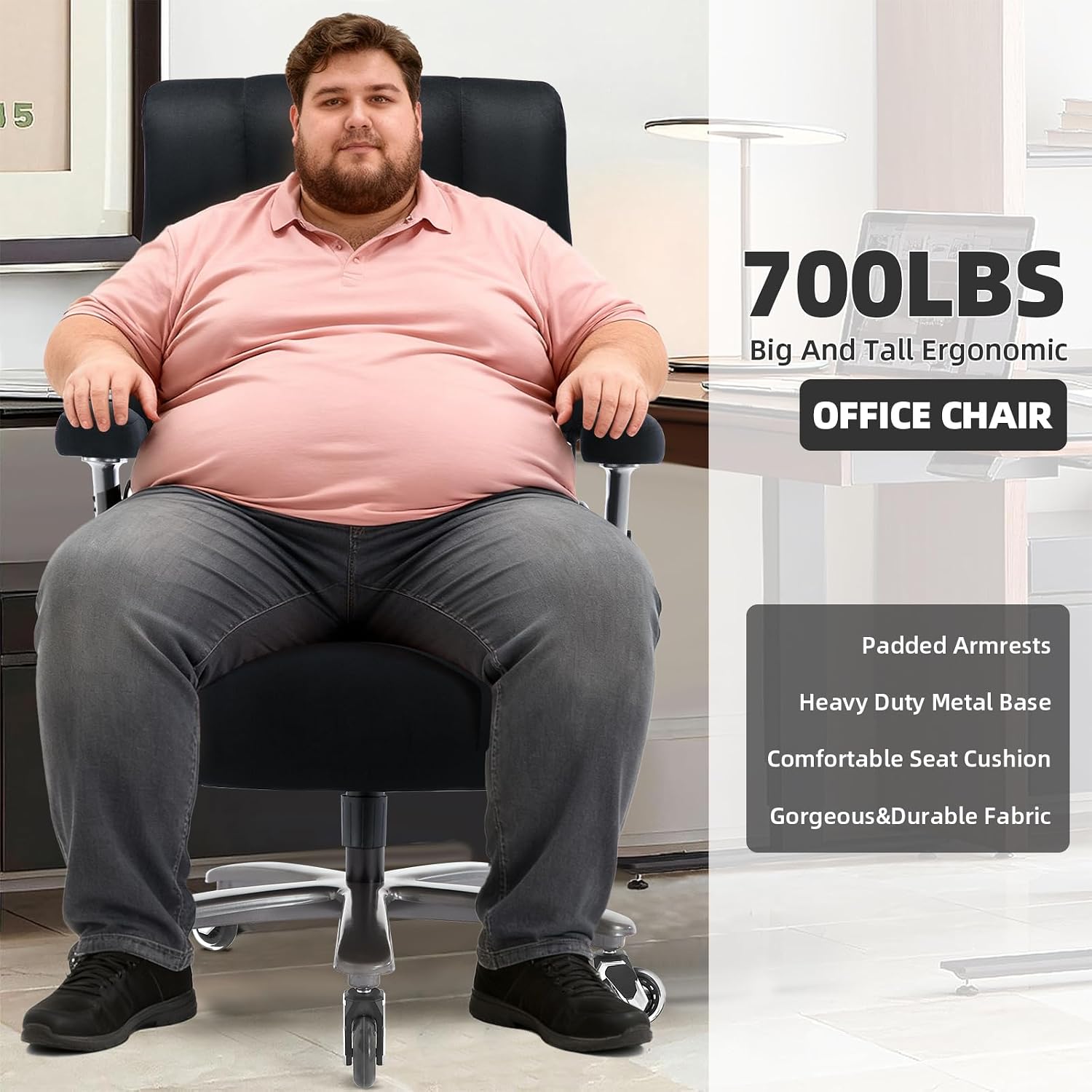 VUZI 700LBS Large Heavy Duty Office Chair with 3D Flip Arms, Big and Tall Plus Size Fabric Executive Desk Chairs, High Back Extra Wide Computer Chair with Adjustable Lumbar Support, Sturdy Metal Base