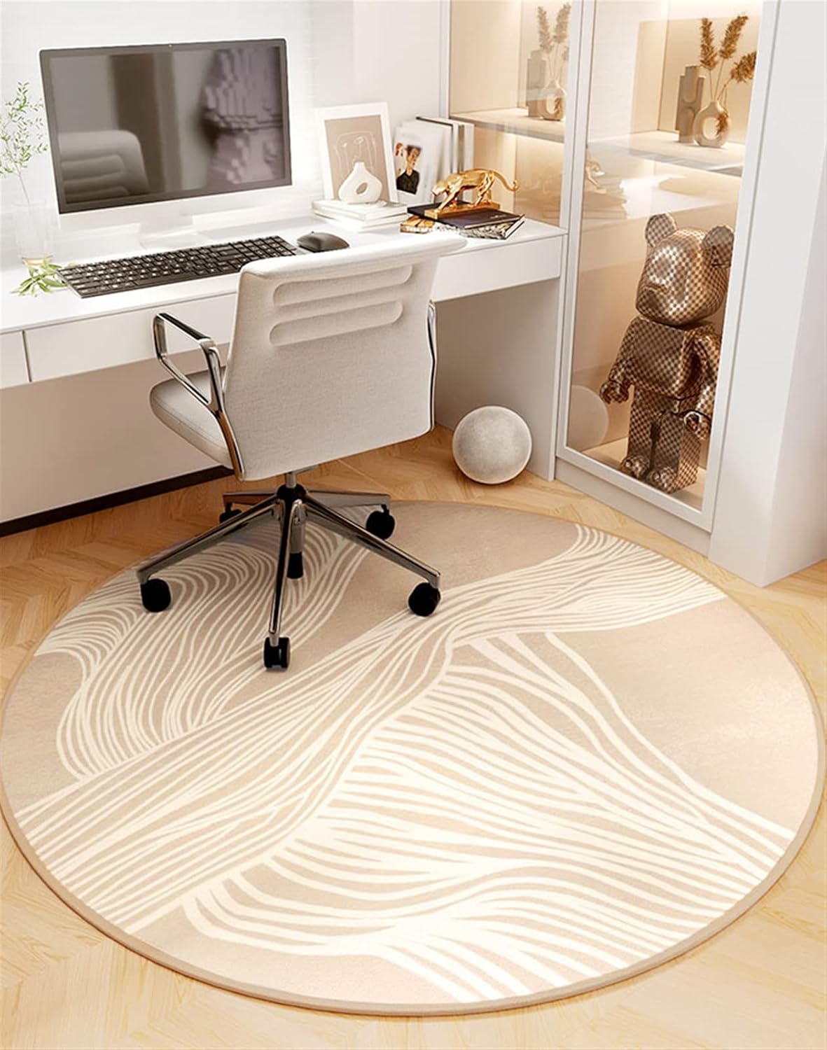 Round Office Chair Mat for Hardwood Floor Computer Gaming Rolling Chair Mat Floor Protector Mat Desk Rug Wood Tile Protection Mat for Office Home, Beige White, Diameter 56'