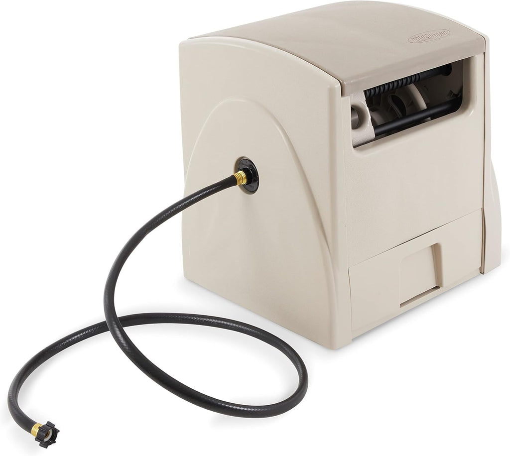 Suncast Automatic Rewind Garden Hose Reel, 100 ft. 5/8 in. Vinyl Hose Holder, Light Taupe