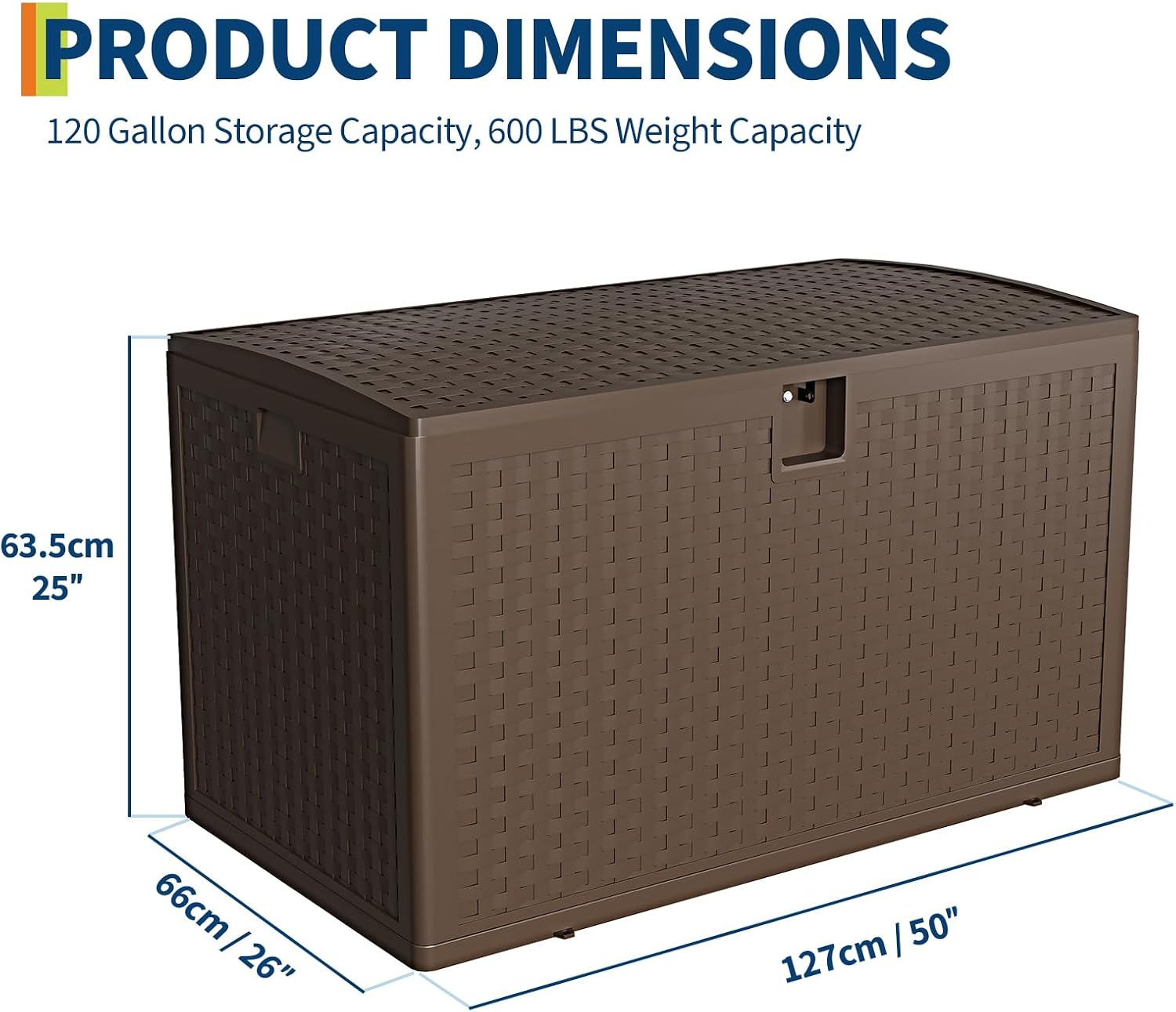 120 Gallon Indoor & Outdoor Storage Box, Lockable Resin Deck Boxes Waterproof with Lid& Side Handles for Garden Pool Accessories, Patio Cushions, Backyard Furniture,Brown.