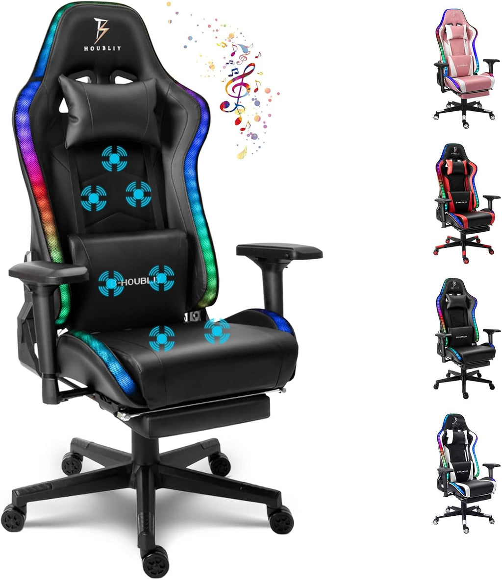Big and Tall Gaming Chair with Speakers and LED Lights Ergonomic PC Gaming Chair with 7-Point Massage Comfortable Footrest Headrest and Lumbar Support High Back Desk Chair PU Leather,Black