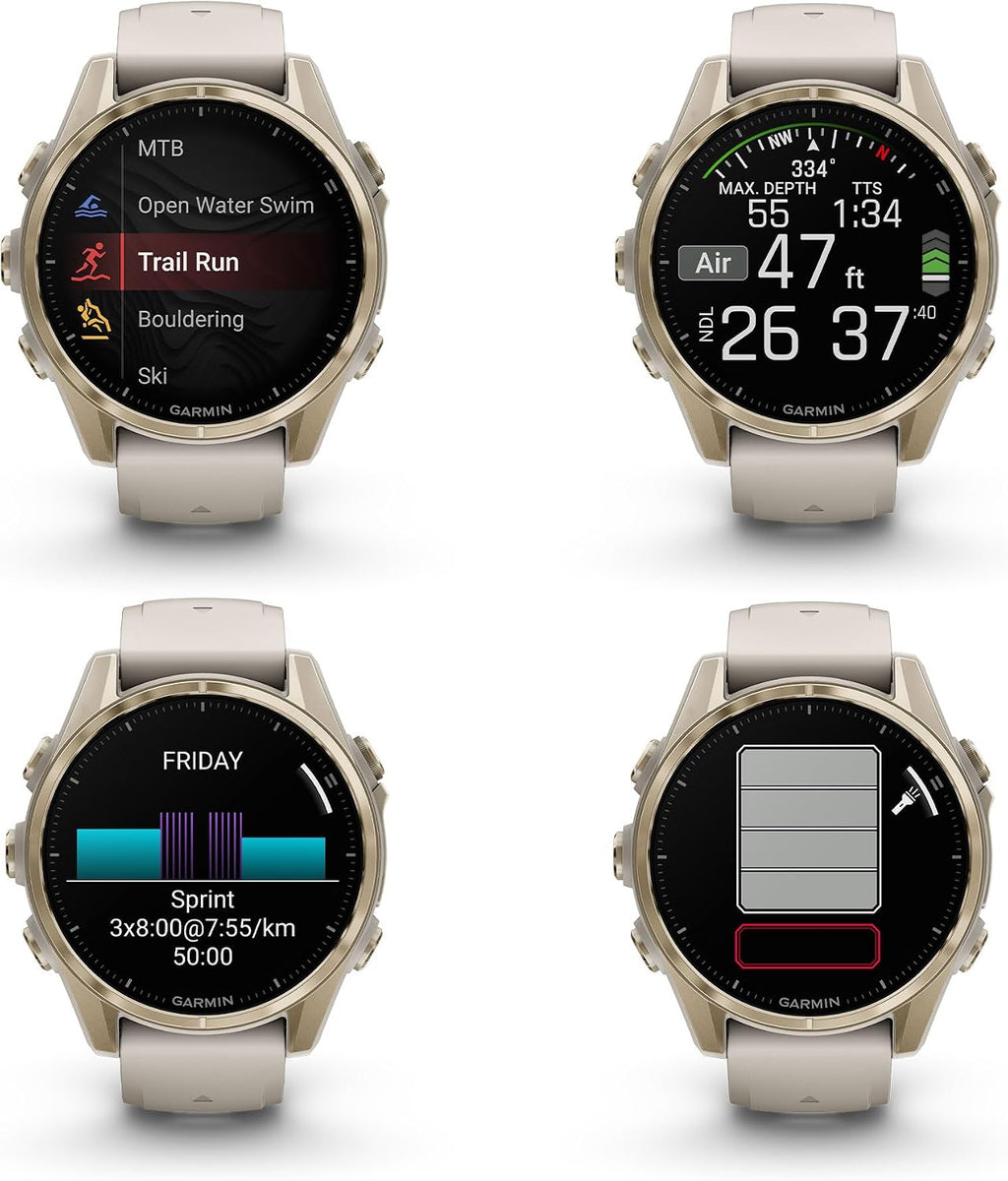 Garmin Fenix 8 43MM AMOLED Sapphire Premium Multisport GPS Smartwatch Soft Gold with Fog Gray/Sandstone Silicone Band, Built-in LED Flashlight, Health & Fitness Smart Watch Bundle for Men & Women