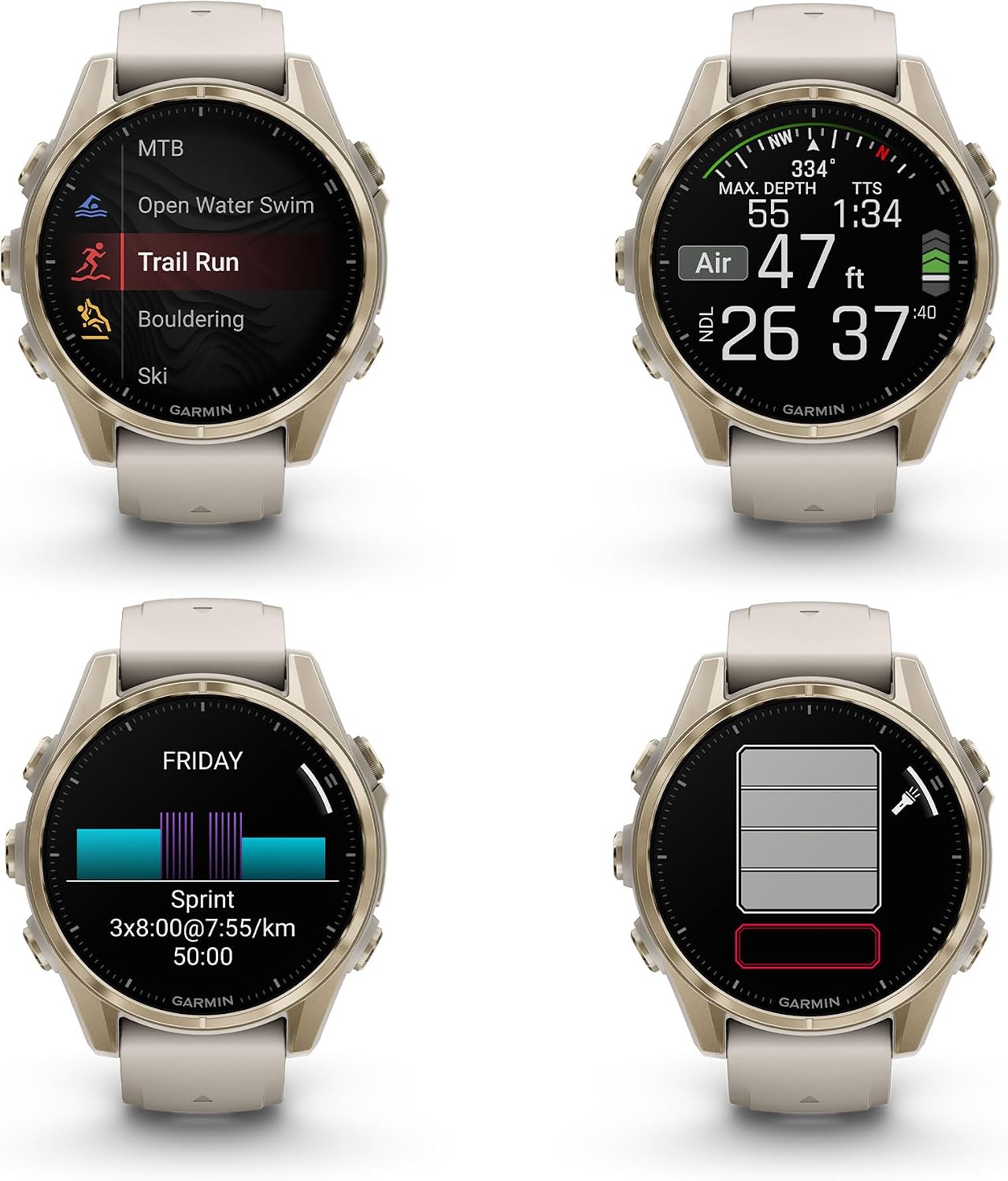 Garmin Fenix 8 43MM AMOLED Sapphire Premium Multisport GPS Smartwatch Soft Gold with Fog Gray/Sandstone Silicone Band, Built-in LED Flashlight, Health & Fitness Smart Watch Bundle for Men & Women