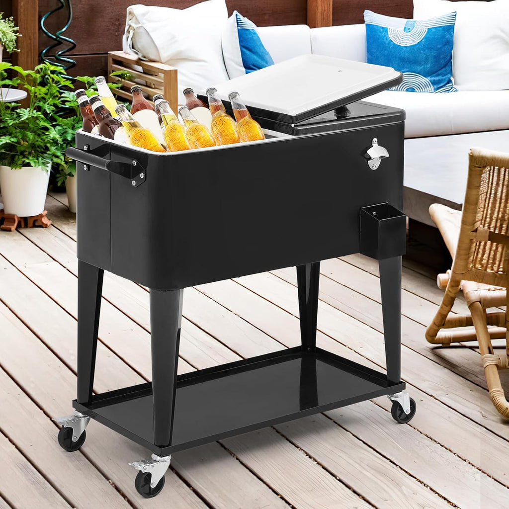 Magshion 80-Quart Patio Rolling Ice Chest Cooler Cart with Bottle Opener, Outdoor Ice Cooler Trolley with Wheels and Handle, Bar Drink Cooler Beverage Cart with Shelf for Party