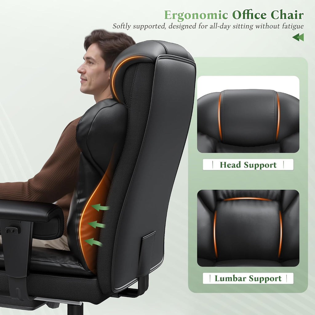 DurayLoly Big and Tall Office Chair with Footrest, Ergonomic Leather Office Desk Chair with Pocket Spring Cushion, 105°-135°Reclining & Height Adjustable, Ergonomic Computer Chair for Back Pain