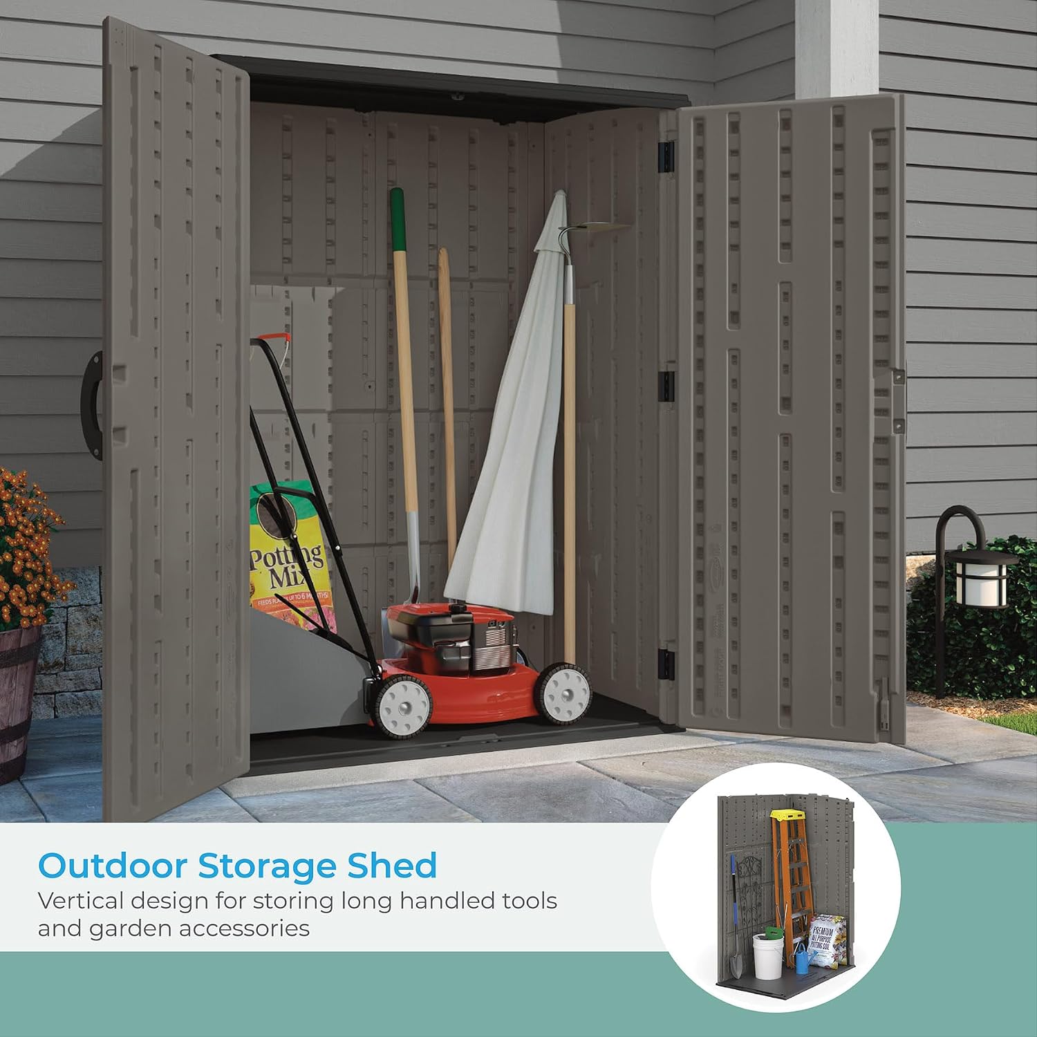 Suncast Modernist 4' x 2.5' Lockable Outdoor Garden Resin Low Profile Horizontal Storage Shed with 3 Doors, 34 Cubic Feet, Gray & 54 cu. ft Resin Vertical Lockable Storage Shed, Stoney, BMS5700SB