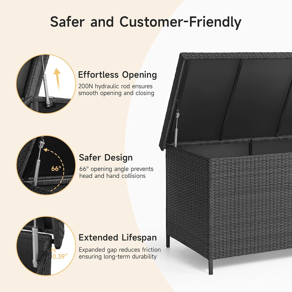 ONBRILL 158 Gallon XL Deck Box with Lid, All Weather Wicker Outdoor Storage Box Waterproof, Large Outdoor Patio Storage Bin for Cushions, Garden Tools, Gears, Pool Accessories, Black
