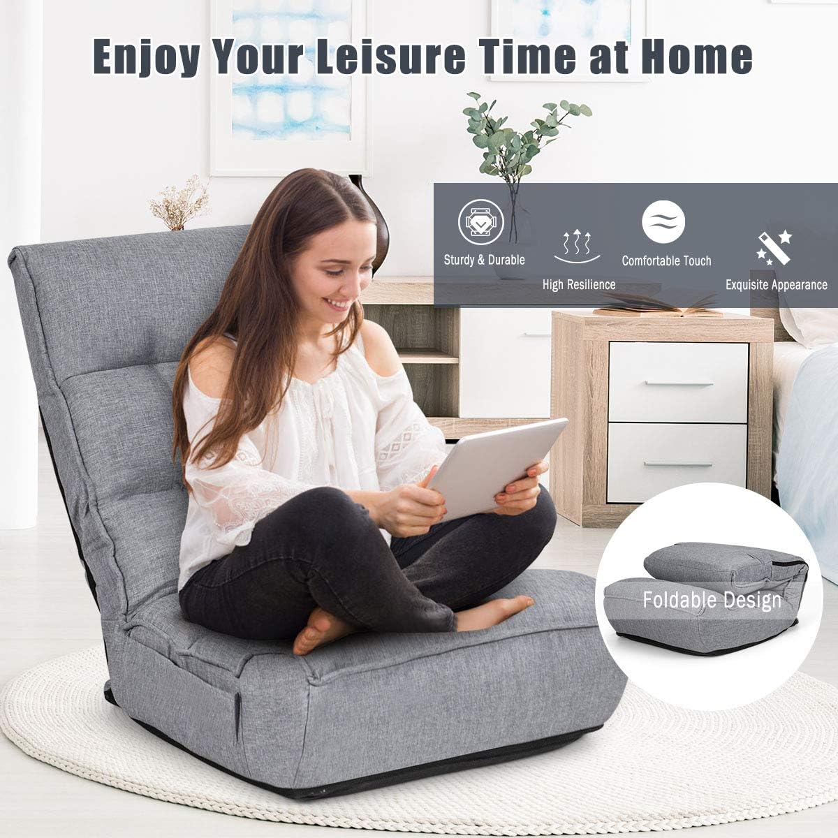 S AFSTAR Folding Floor Chair, Floor Gaming Chair with 5-Position Adjustable Headrest & 4-Position Backrest, Side Pocket & Thicken Cushion, Padded Floor Seat Lazy Chair for Living Room Bedroom