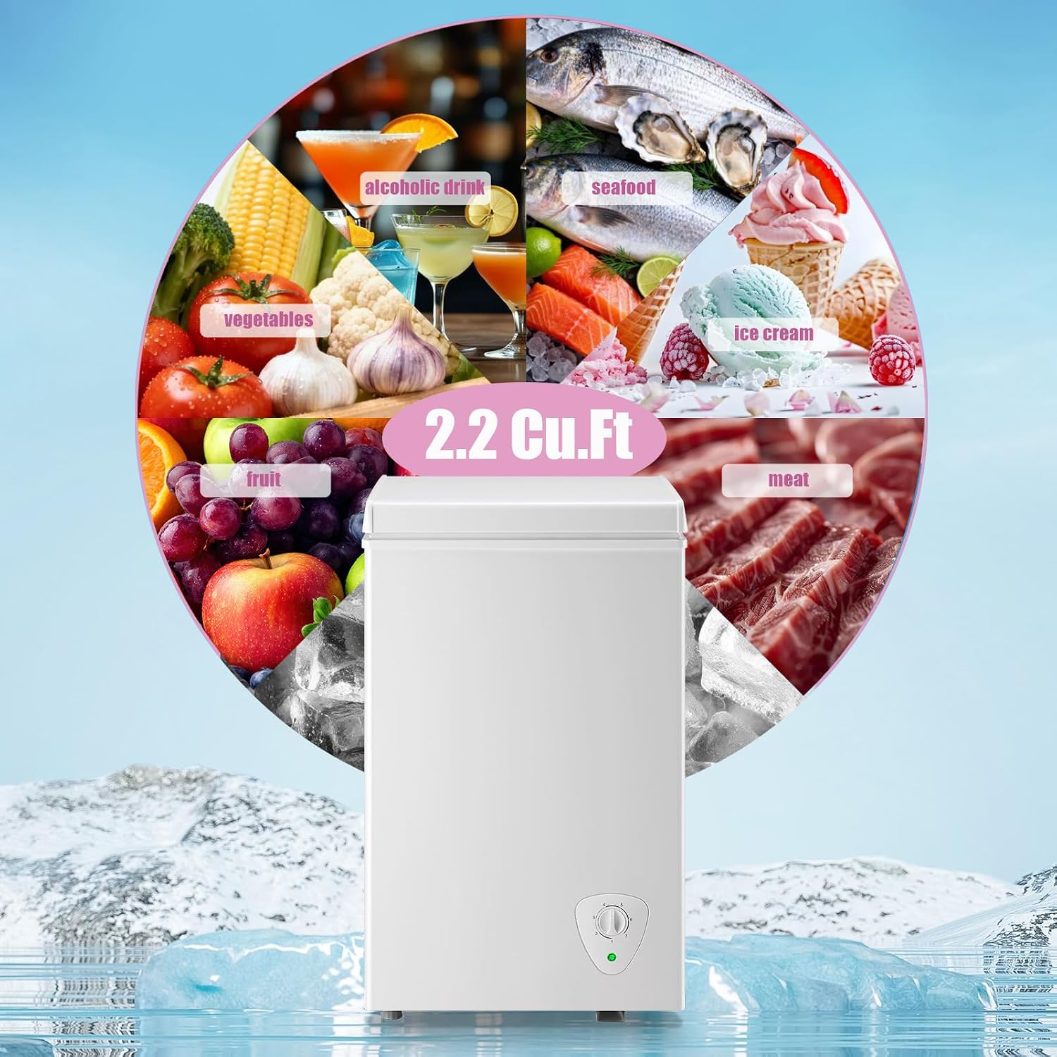 Chest Freezer 2.2 Cu.Ft Deep Freezer Adjustable Temperature 7 Thermostat and Energy Saving Removable Basket for Garage Basement Dorm Apartment Kitchen Business, White