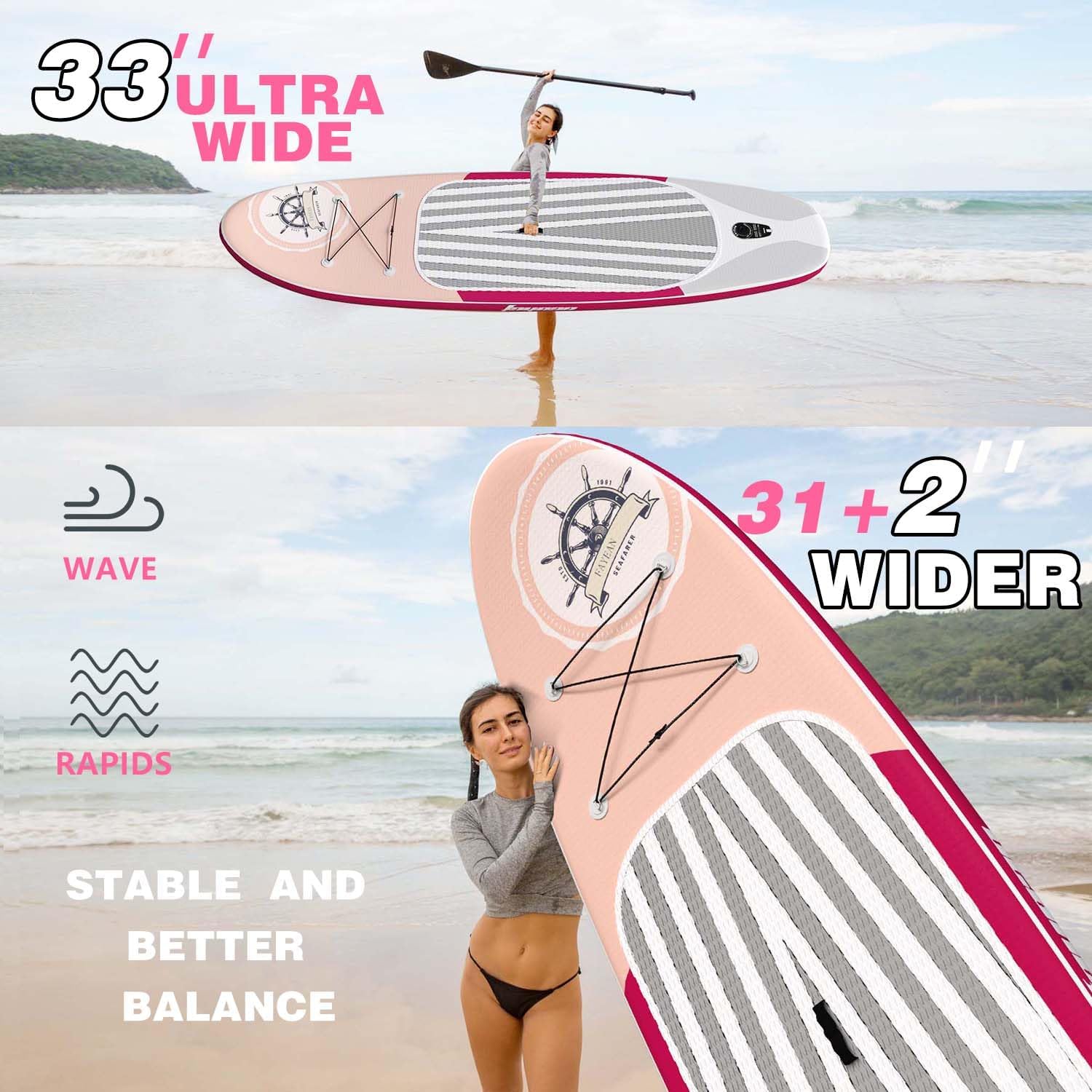 Inflatable Stand Up Paddle Board Non-Slip Deck, 11'×33'×6' Complete SUP Accessories for All Skill Levels, Wide Seat & Safety Leash, 3 Fins, Adjustable Paddle, Pump & Carrying Backpack