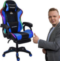 Video Gaming Chair with Footrest,Game Chair with Bluetooth Speakers,Computer Chair with LED Lights,Ergonomic Massage Gaming Chair with Massage Function,360°Swivel 90°-135° Adjustment Backrest (Blue)