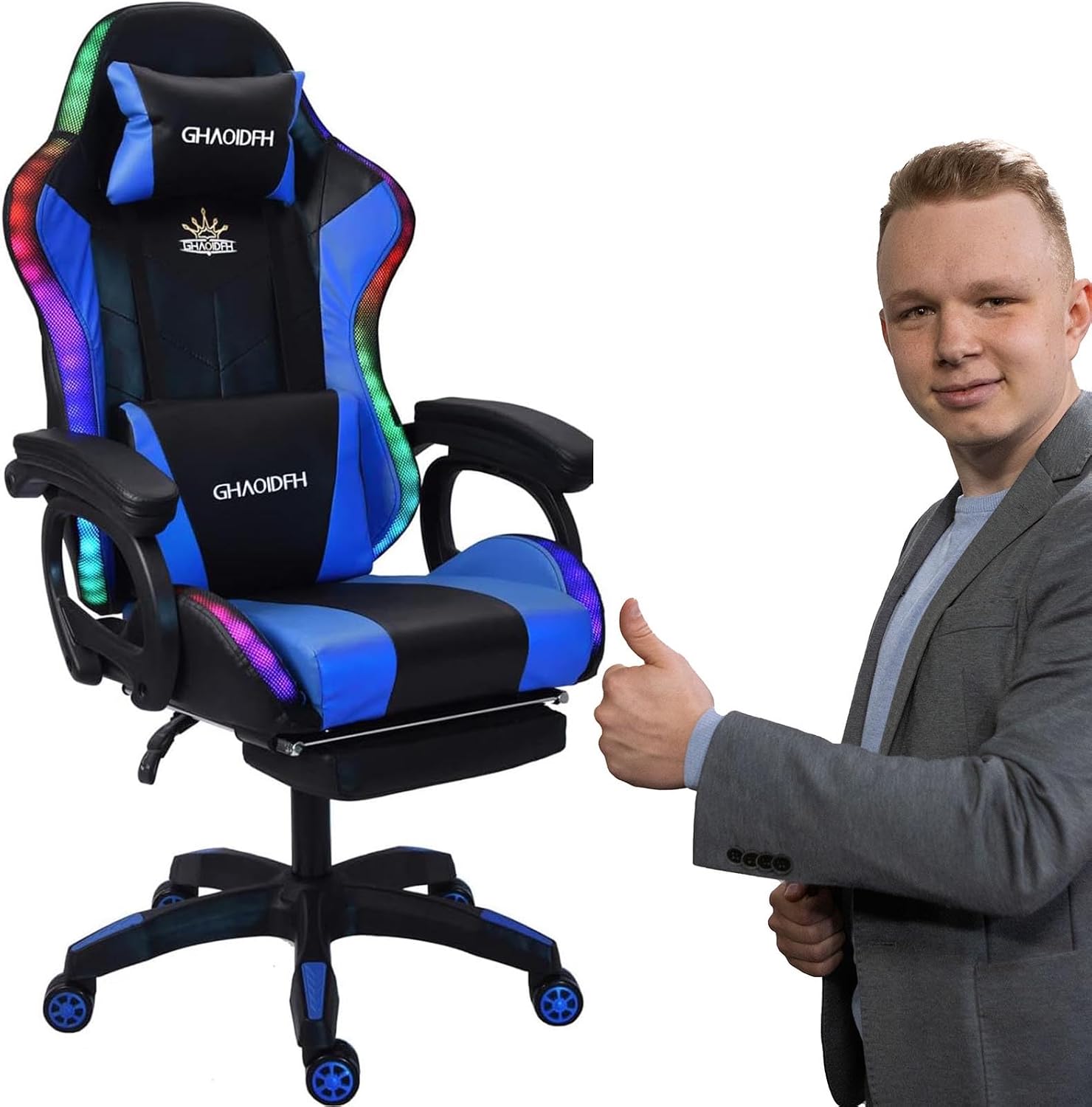 Video Gaming Chair with Footrest,Game Chair with Bluetooth Speakers,Computer Chair with LED Lights,Ergonomic Massage Gaming Chair with Massage Function,360°Swivel 90°-135° Adjustment Backrest (Blue)