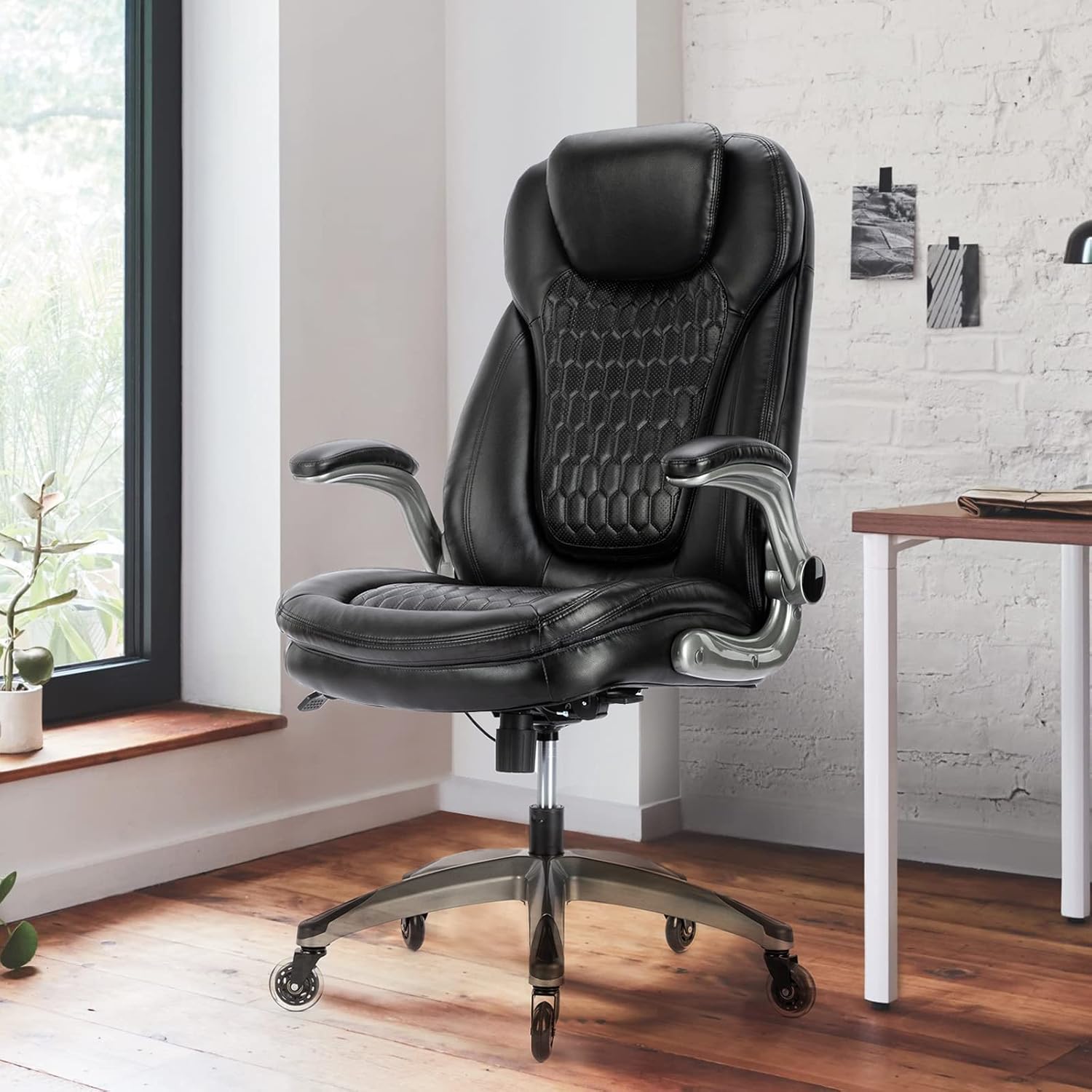 COLAMY High Back Executive Office Chair (Set of 2), Ergonomic PU Leather Desk Chairs with Flip-Up Arms and Upgraded Swivel Casters, Comfortable Computer Chairs for Home Office – Black