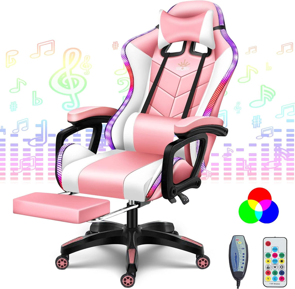 RGB Computer Chair with Footrest Full Massage Gaming Chair with Speakers Video Game Chair with Lumbar Support Headrest PU Leather 360°Swivel Recliner Chair High Back Office Chair for Gaming,Pink