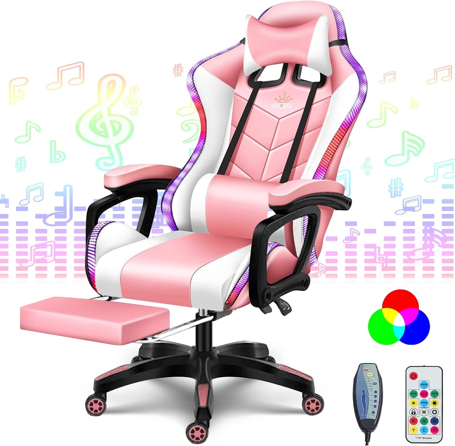 RGB Computer Chair with Footrest Full Massage Gaming Chair with Speakers Video Game Chair with Lumbar Support Headrest PU Leather 360°Swivel Recliner Chair High Back Office Chair for Gaming,Pink