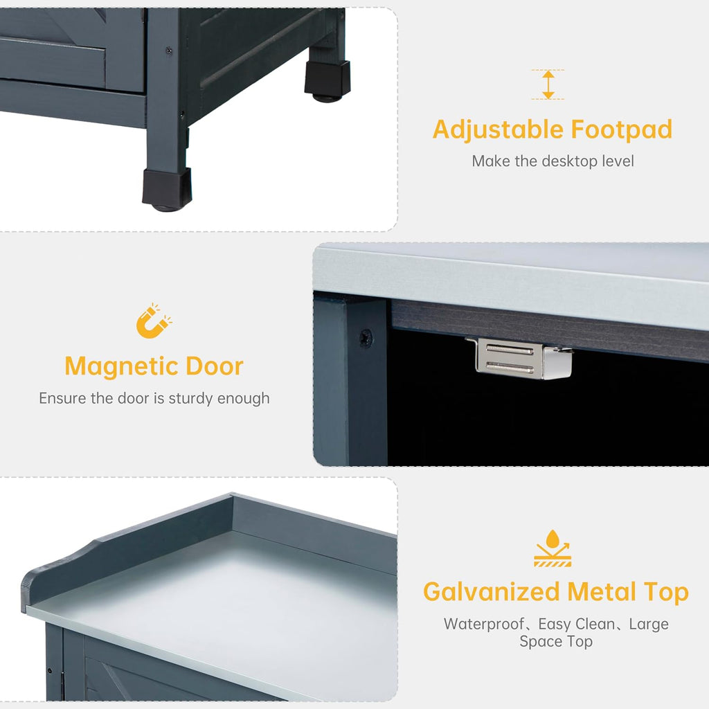 HABAU Outdoor Potting Bench with Storage Cabinet & Metal Tabletop, Wooden Garden Workstation for Patio, Weatherproof