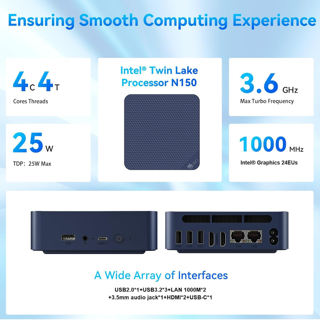 Beelink EQ14 Mini PC, Intel 13th Twin Lake-N150 (up to 3.6GHz, Upgraded N100), 16GB DDR4 RAM 500GB M.2 SSD, Dual LAN Mini Desktop Computer Support 4K@60Hz Dual Display/WiFi 6/BT 5.2 for Home/Office
