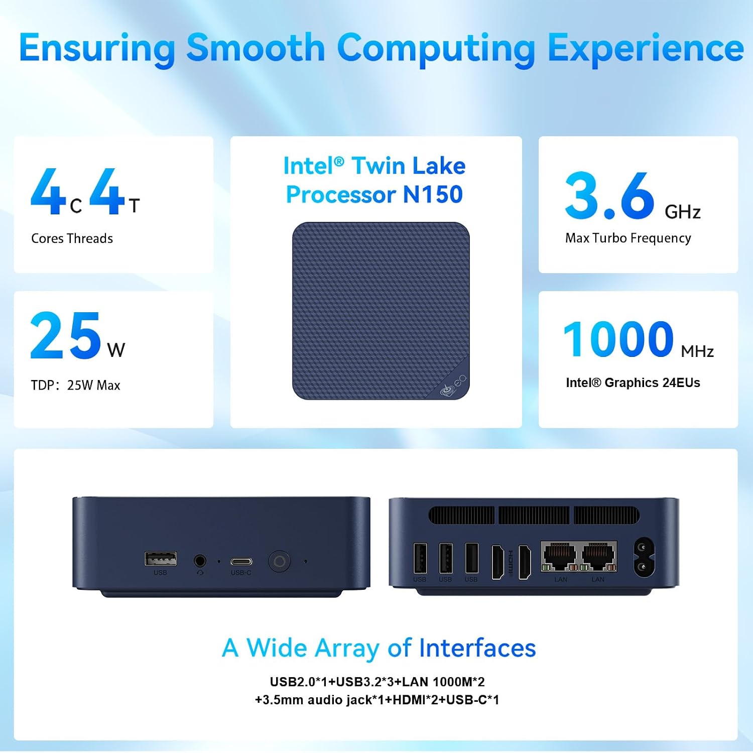Beelink EQ14 Mini PC, Intel 13th Twin Lake-N150 (up to 3.6GHz, Upgraded N100), 16GB DDR4 RAM 500GB M.2 SSD, Dual LAN Mini Desktop Computer Support 4K@60Hz Dual Display/WiFi 6/BT 5.2 for Home/Office