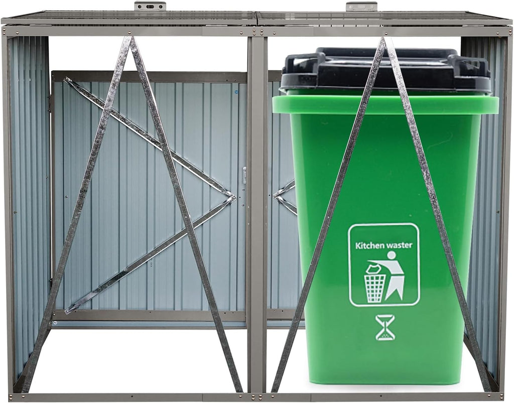 Garbage Bin Storage Shed for 2 Trash Cans Outdoor Metal Enclosure Charcoal Galvanized Steel Garbage Can Holder Hide Utility Bin Shelter Garden Yard