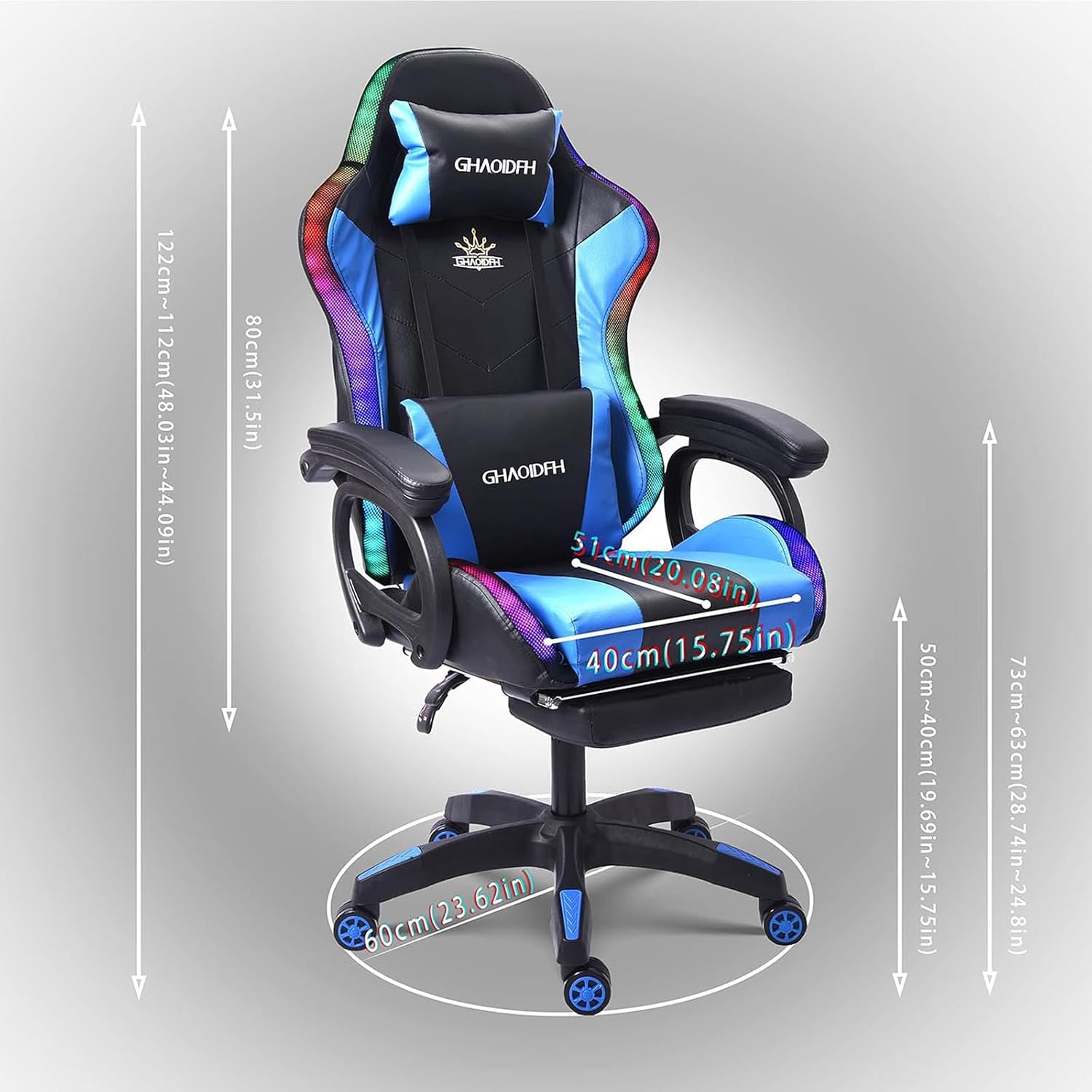 Gaming Chair with Bluetooth Speakers,Computer Chair Massage with LED Lights,Ergonomic Game Chair,Computer Stool with Footrest and Lumbar Support Height Adjustable with 360°-Swivel Seat (Blue)