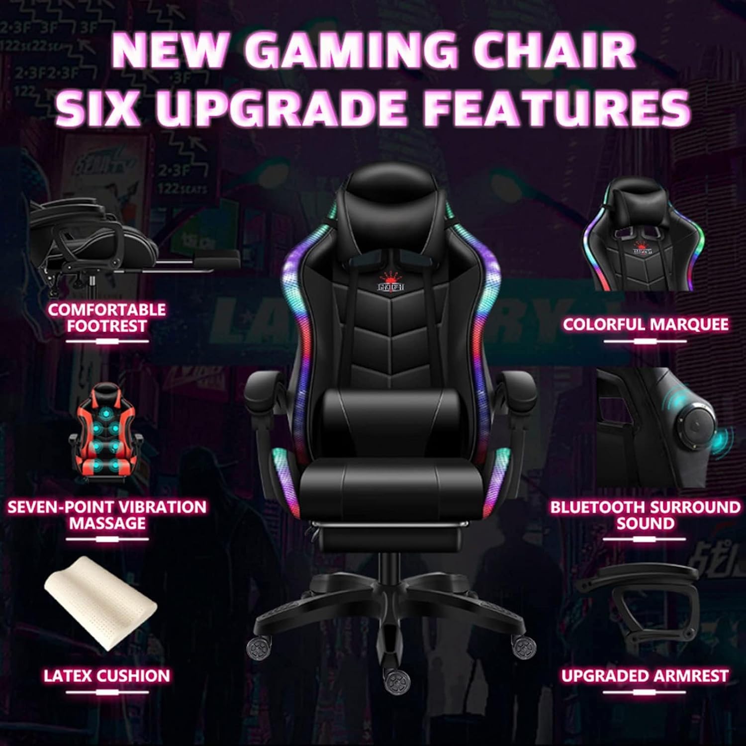 Video Gaming Chair with Speakers and RGB Lights, Ergonomic Chair with Seven-Point Massage Function, Computer Chair with Footrest and Lumbar Support Gaming Chairs for Adults,Pink
