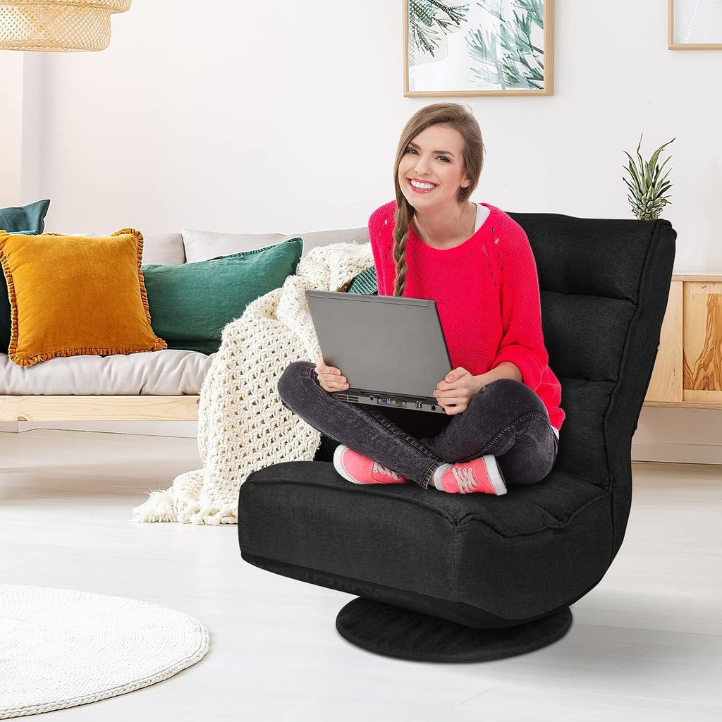 ERGOMASTER Reclining Folding Floor Gaming Chair w/ 360-Degree Swivel, 5 Adjustable Positions（Black）