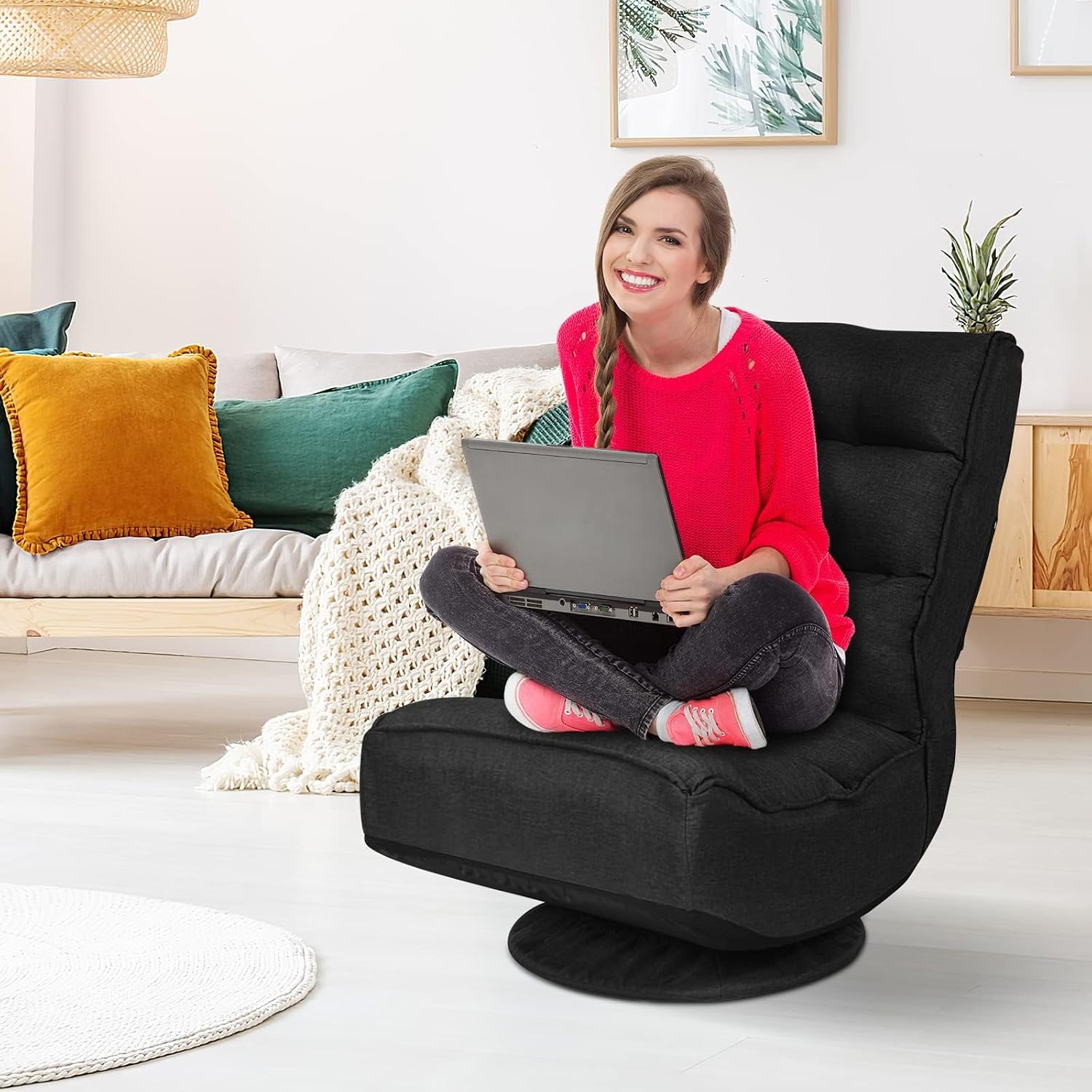 ERGOMASTER Reclining Folding Floor Gaming Chair w/ 360-Degree Swivel, 5 Adjustable Positions（Black）