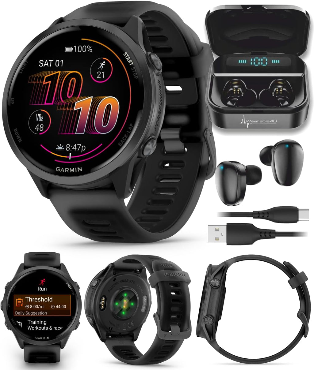 Garmin Forerunner 570 47mm Advanced GPS Running & Triathlon Smartwatch, AMOLED Display, Training & Recovery, Slate Gray Aluminum, Translucent Black & Black Band w/ Wearable4U BLK Earbuds Bundle