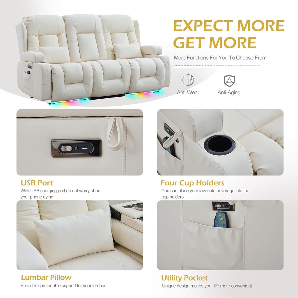 Loveseat Recliner Sofa, Leather Sofa with Massage & Heating, Home Theater Seating Power Reclining Loveseat with Outlet/LED Light/Cup Holders/Lumbar Pillows (Beige, 3 Seat)