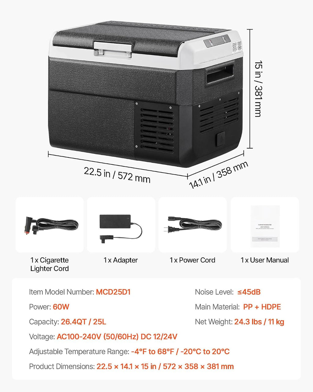 VEVOR 12 Volt Car Refrigerator, 26.4QT/25L Car Fridge, Portable Electric Cooler with -4℉~68℉ Adjustable Temperature, 12/24V DC and 100-240V AC Compressor Freezer for Outdoor, Camping, Travel, RV