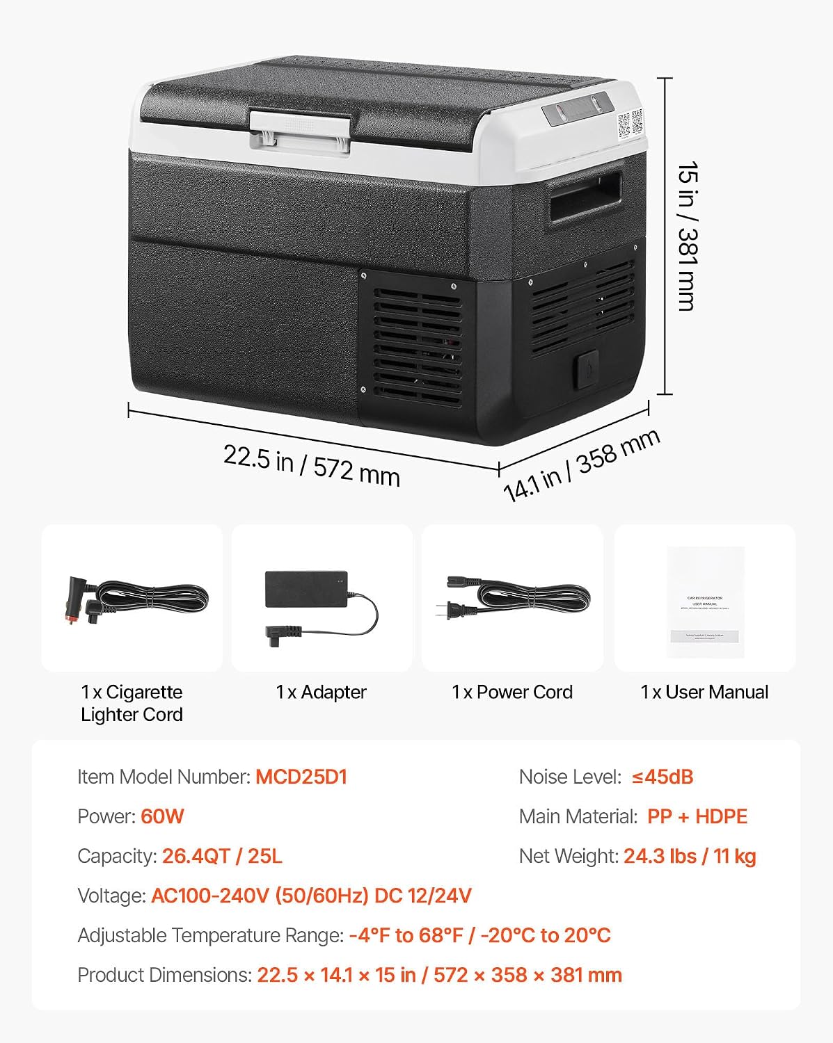 VEVOR 12 Volt Car Refrigerator, 26.4QT/25L Car Fridge, Portable Electric Cooler with -4℉~68℉ Adjustable Temperature, 12/24V DC and 100-240V AC Compressor Freezer for Outdoor, Camping, Travel, RV