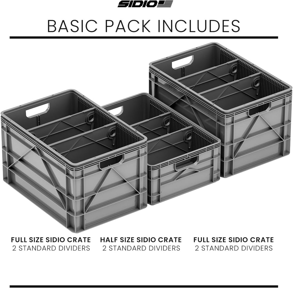 SIDIO Crate Basic Pack - 2 Full-Size & 1 Half-Size Heavy Duty Stackable Storage Bins, Totes and Containers with Dividers - Durable Plastic Organizer for Home, Office, Garage, and Outdoor Use, Gray
