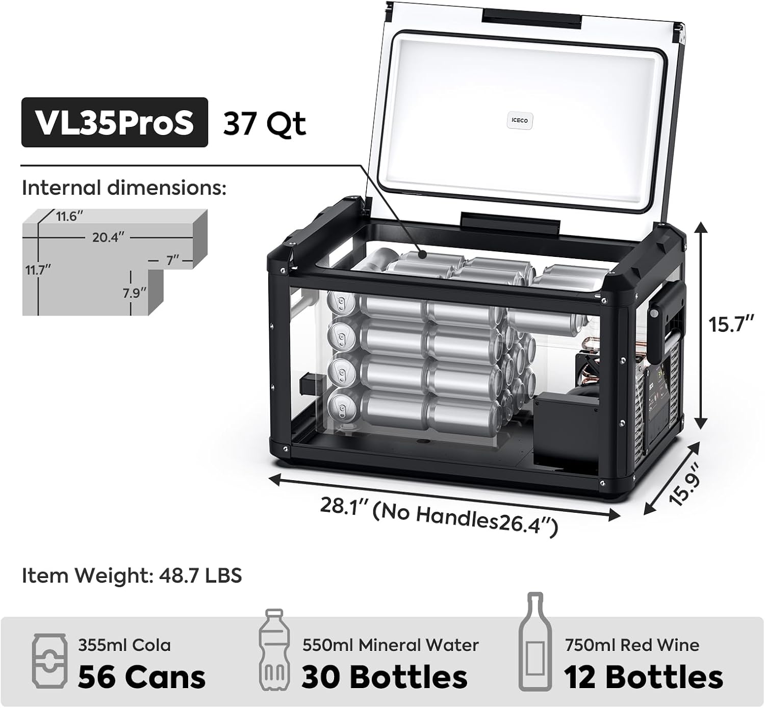 ICECO VL35 ProS Portable Fridge, 12 Volt Refrigerator with Multi-directional lid, 35 Liters Car Freezer powered by SECOP, 0°F to 50°F, DC 12/24V, AC 110/240V, for Camping, Car, Outdoor Use, With Cover