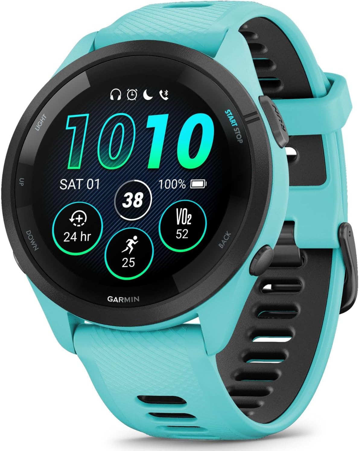 Garmin Forerunner 265 GPS Smartwatch, Aqua/Black Bundle with Deco Essentials Charging Dock Venu 3 + Silicone Dust Cover + Round Tempered Glass Screen Protector