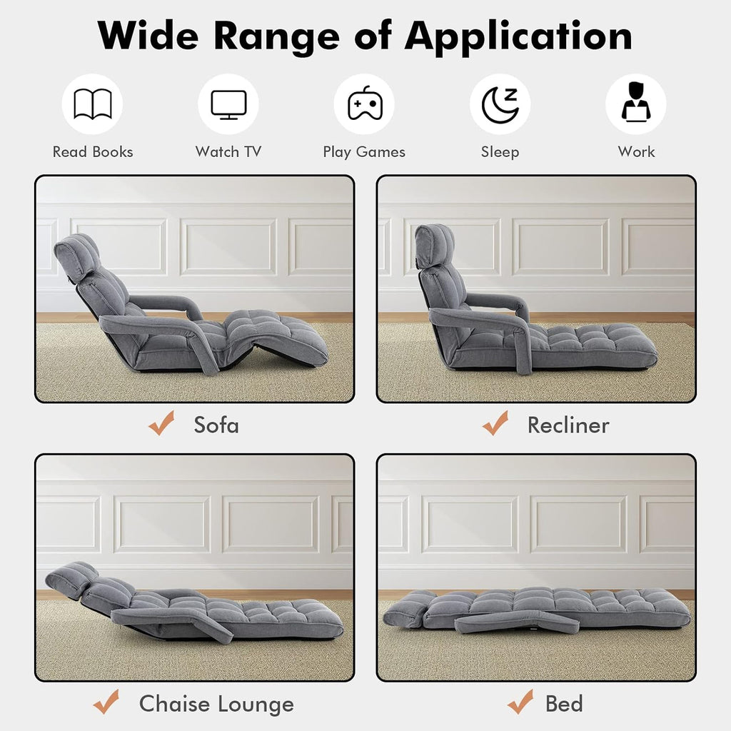 KOMFOTT Foldable Floor Lazy Sofa, Indoor Chaise Lounge Sofa with 6 Adjustable Positions, Folding Chair Bed with Adjustable Armrests, Backrest & Footrest, Ideal for Living Room, Bedroom (Grey)