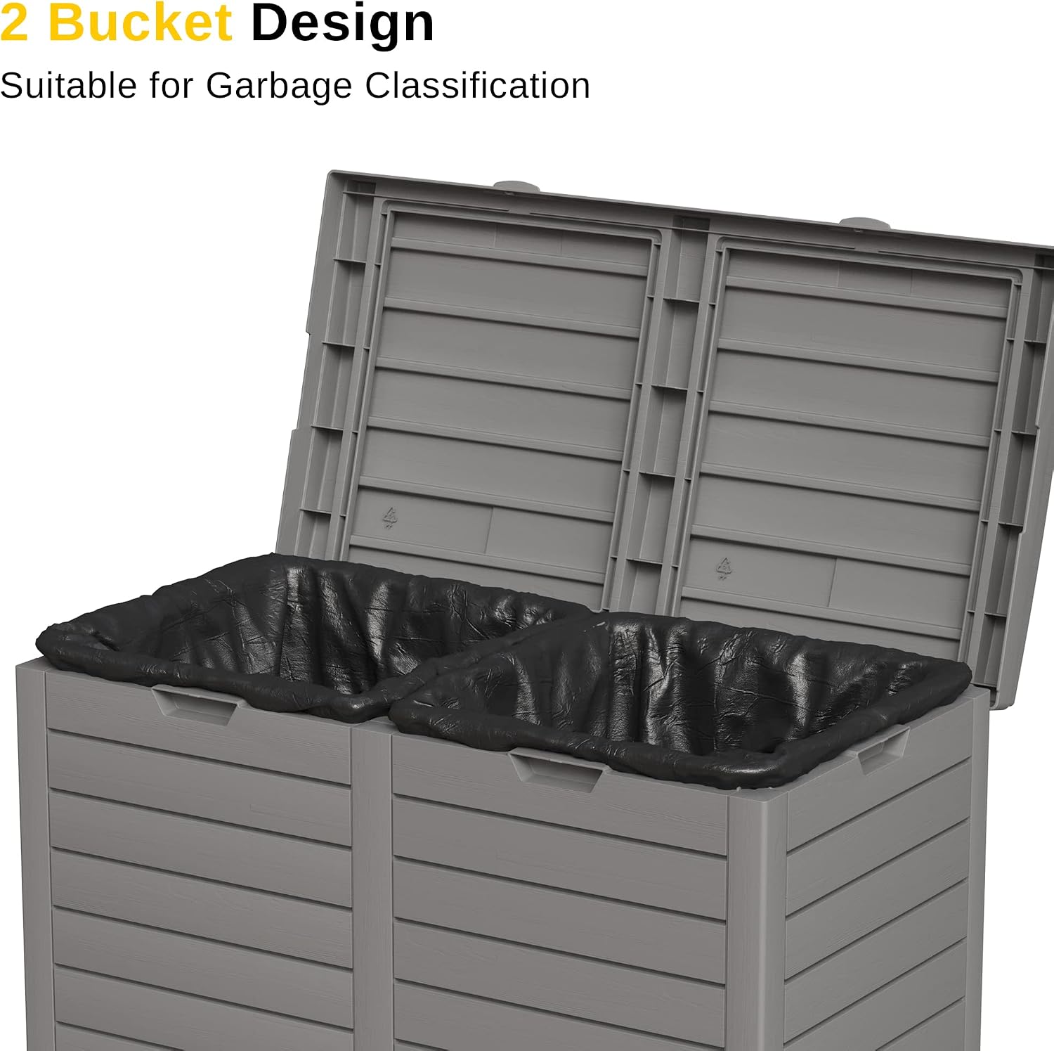 East Oak 62 Gallon Outdoor Trash Can | Waterproof Resin Garbage Can Featuring Tiered Lid & Drip Tray | Outside Trash Bin for Kitchen, Patio | Backyard & Deck | Gray Color