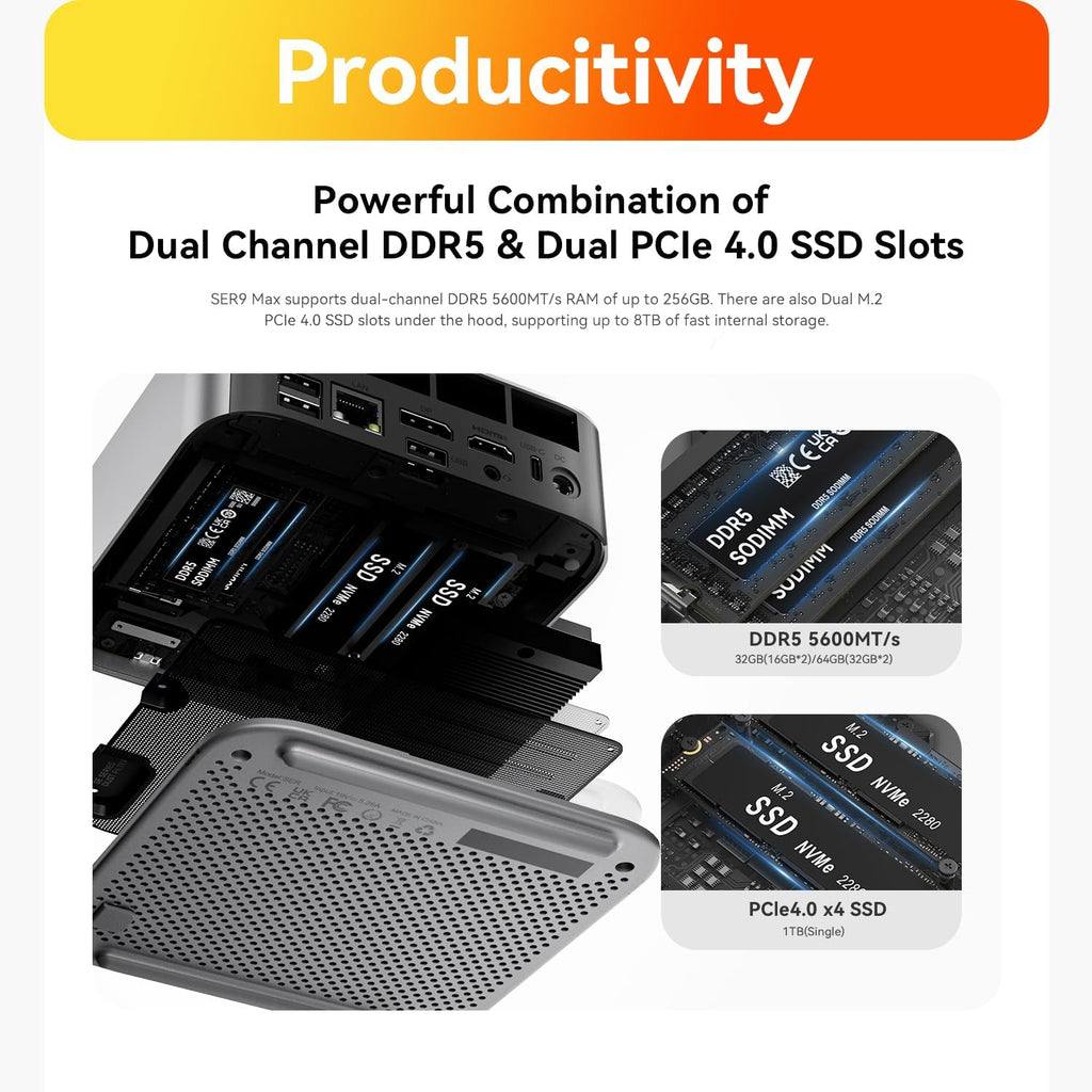 Beelink SER9 MAX Mini PC, AMD Ryzen R7 260 (8C/16T, up to 5.1GHz), 32GB DDR5 1TB PCle4.0 SSD Mini Desktop Computer, WIFI6+BT5.2 + 10G LAN, Triple Display Output via HDMI+DP+USB4, W11 Pro Mini Computer